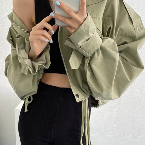 Army Green Casual Women's Flap Pocket Drop Shoulder Drawstring Hem Jacket - Picture 2 of 5